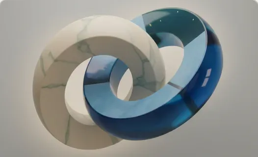 Forma toroidal entrelaçada em vidro azul e osso.